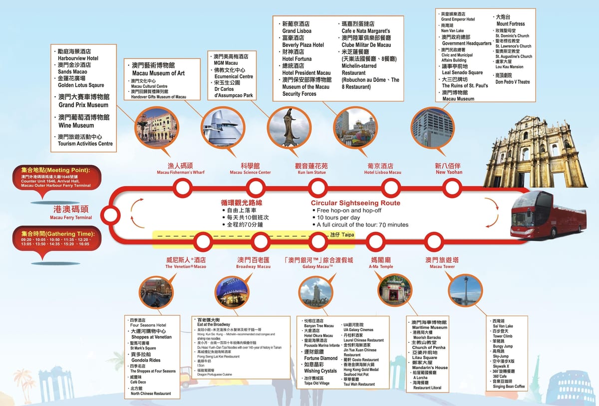 kort af Macau hoppa á hop af strætó