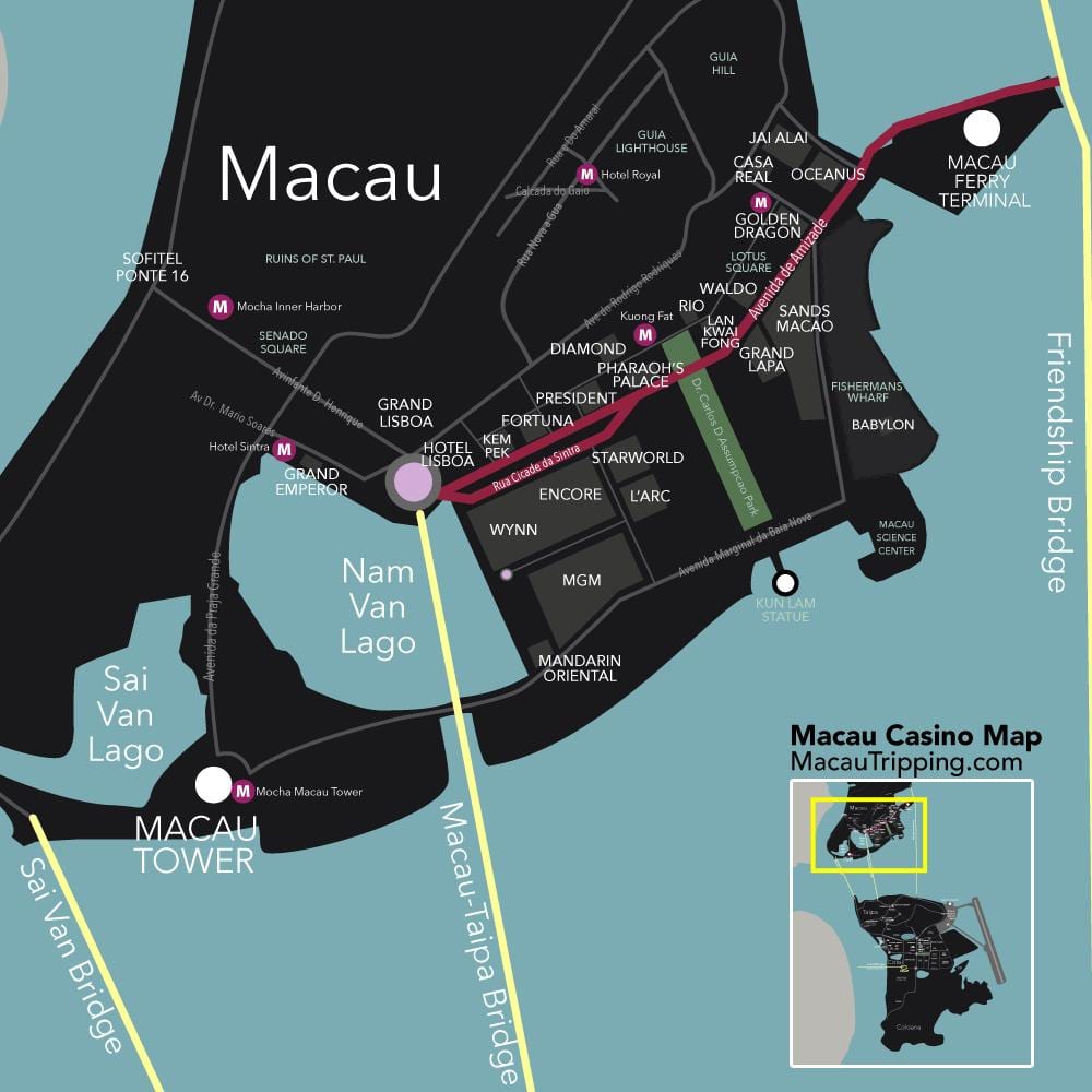 kort af Macau Kína spilavítum