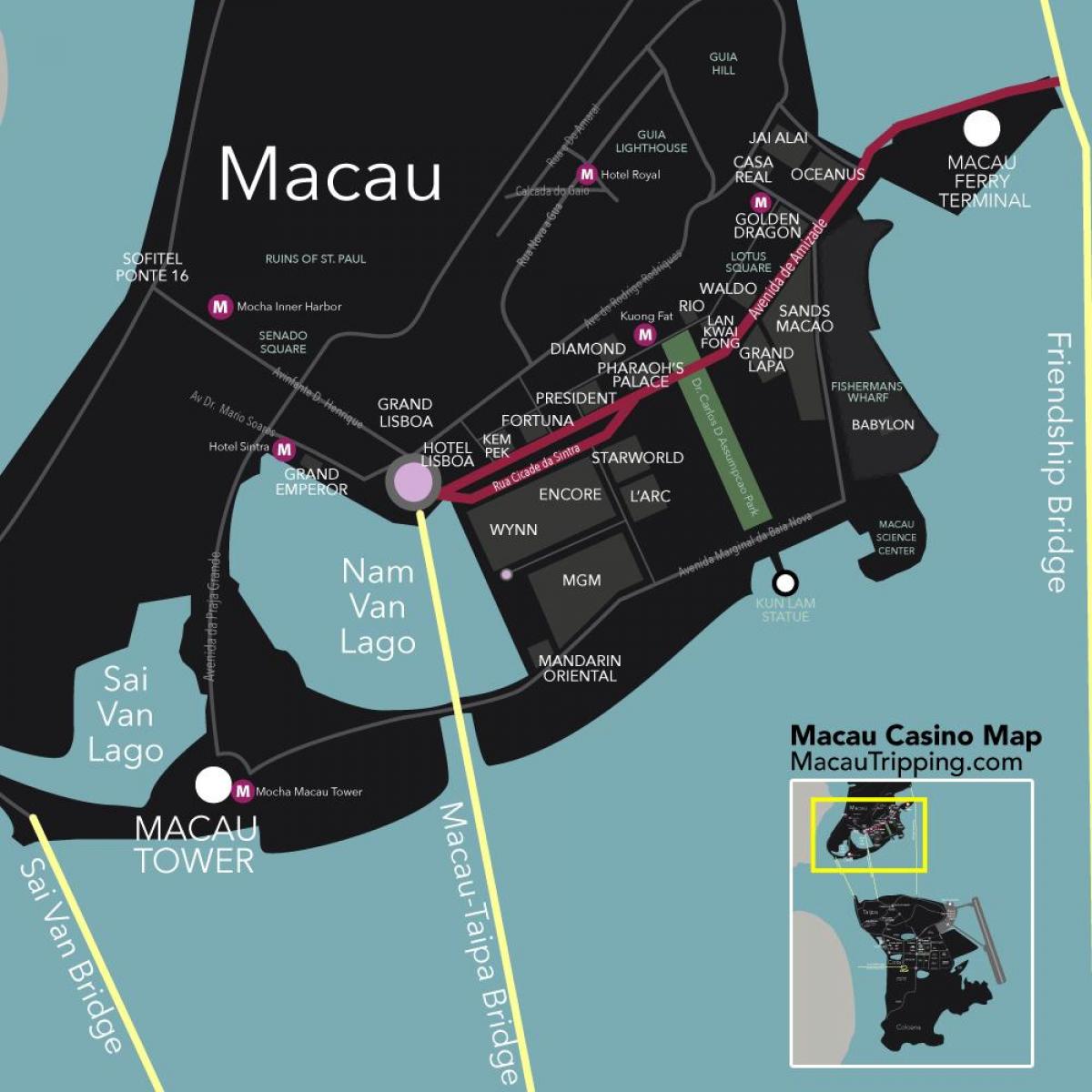 kort af Macau Kína spilavítum
